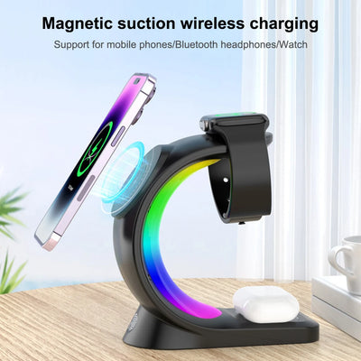 4 in 1 RGB Light Magnetic Wireless Charger Stand For iPhone 14 13 12 Air pod Watch QC3.0 Fast Charging Dock Station Phone Holder